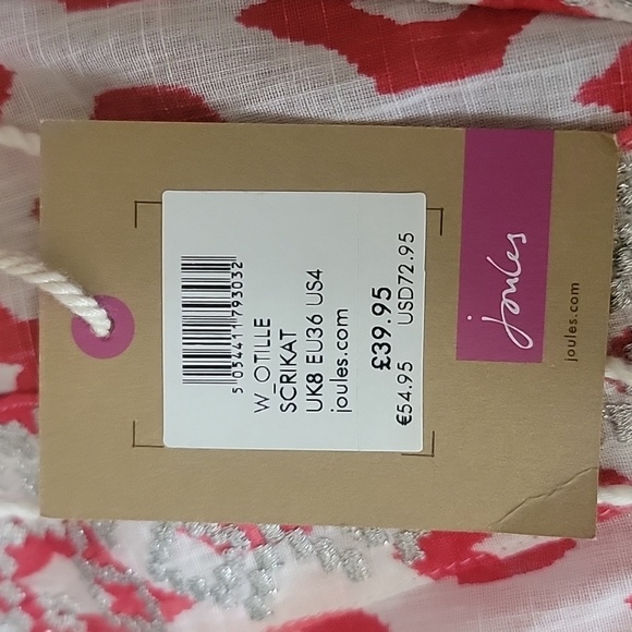 NWT Joules | Red & White Ikat Print Tank Top with Silver Embroidery Size 4 - Picture 7 of 7